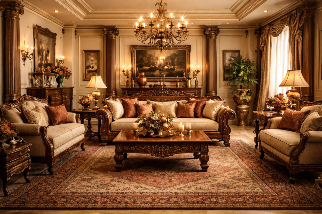 Luxurious traditional living room with carved wooden furniture and a chandelier.